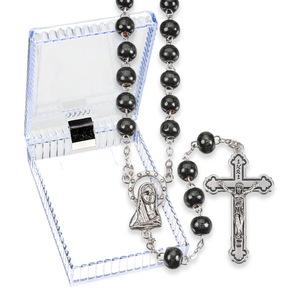 6mm Round Black Wood Bead Rosary, Boxed