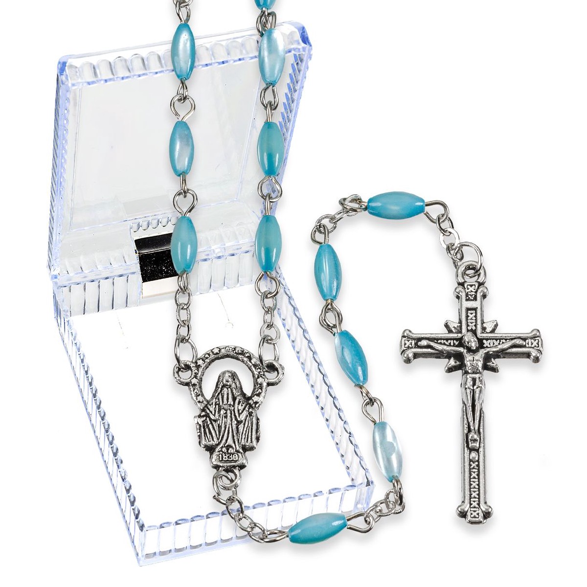 4 x 8 mm Oval Pearlescent Light Blue Rosary Boxed