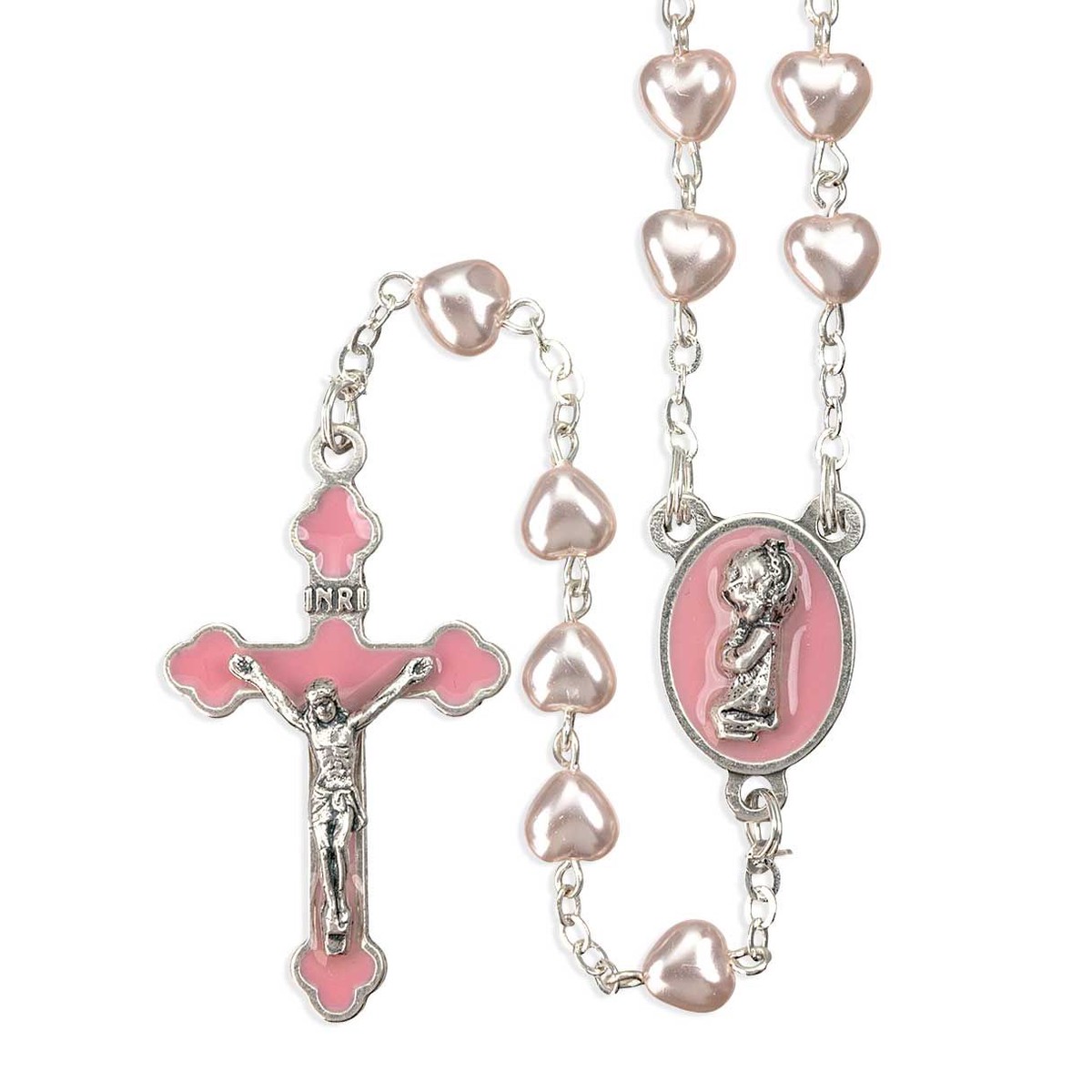 5mm Pink Pearlized Heart Shaped Glass Bead Girls Rosary