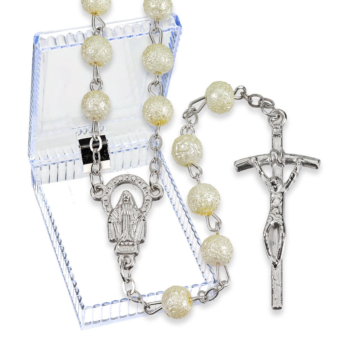 6mm White Hammered Bead Rosary, Boxed