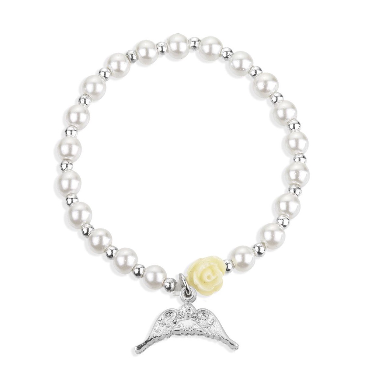 5mm White Pearl Bracelet with an off White Our Father Bead and a Angel Wings Charm