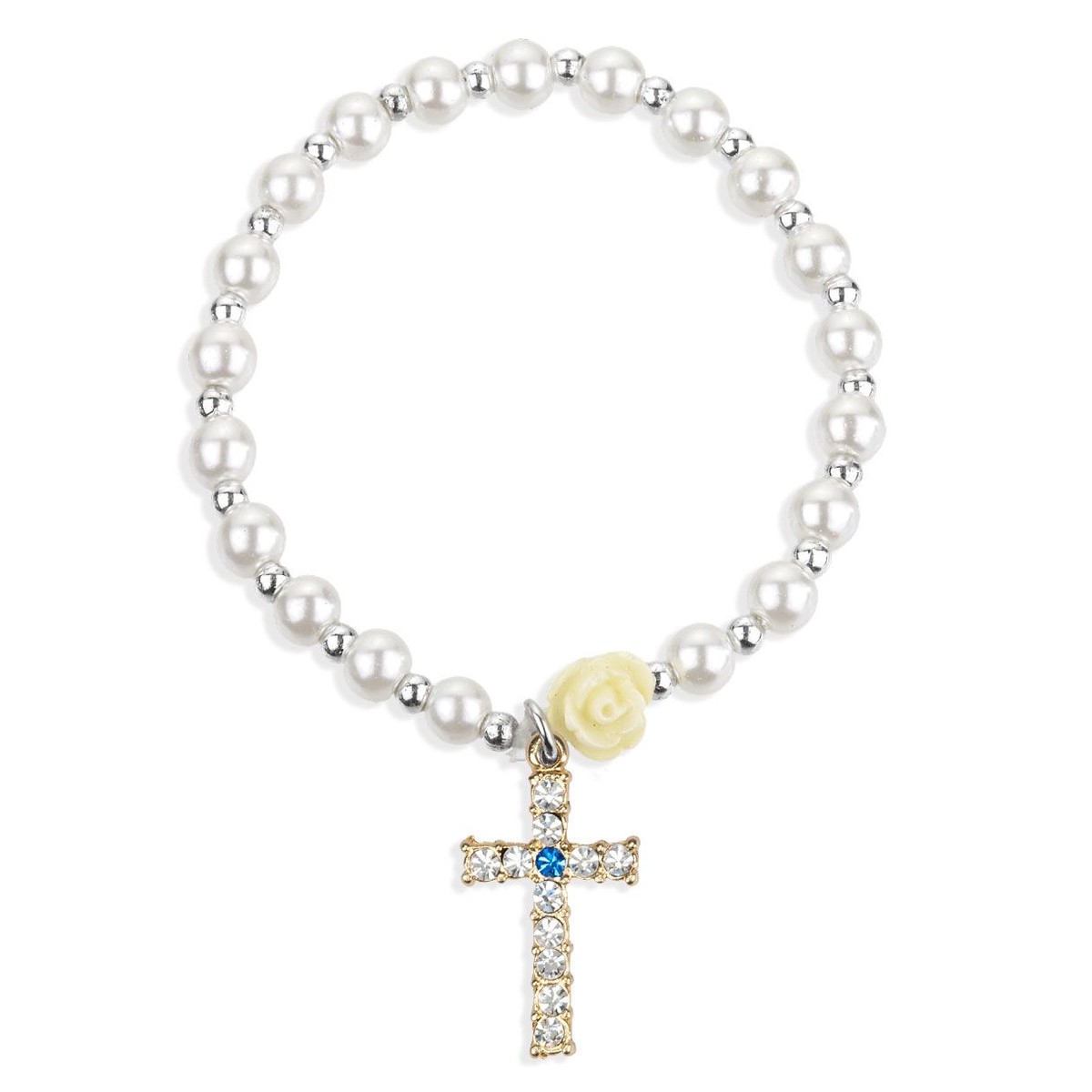 5mm White Pearl Bracelet with an off White Our Father Bead and a Gold Jeweled Cross