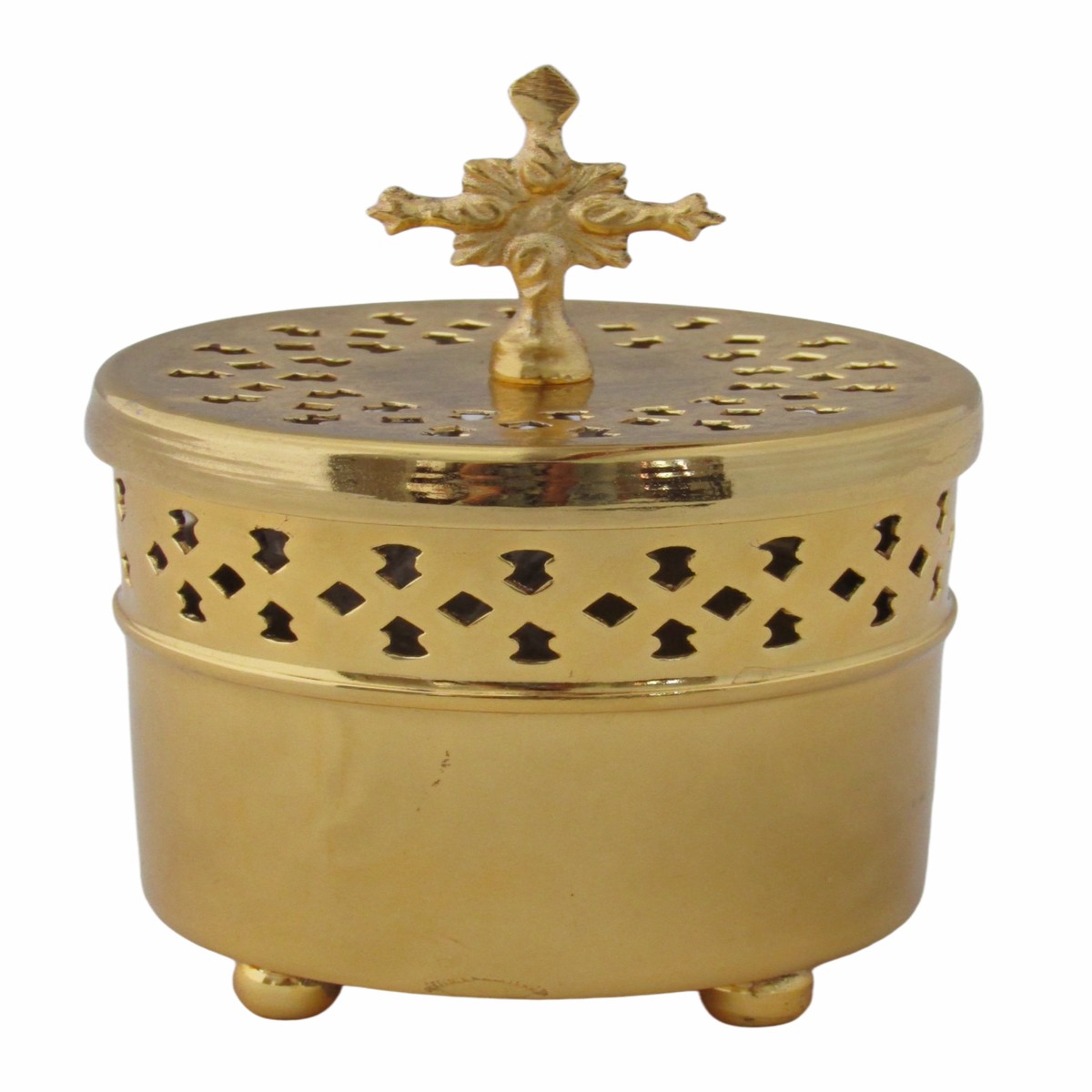 #456 Brass cylindrical incense burner w cross