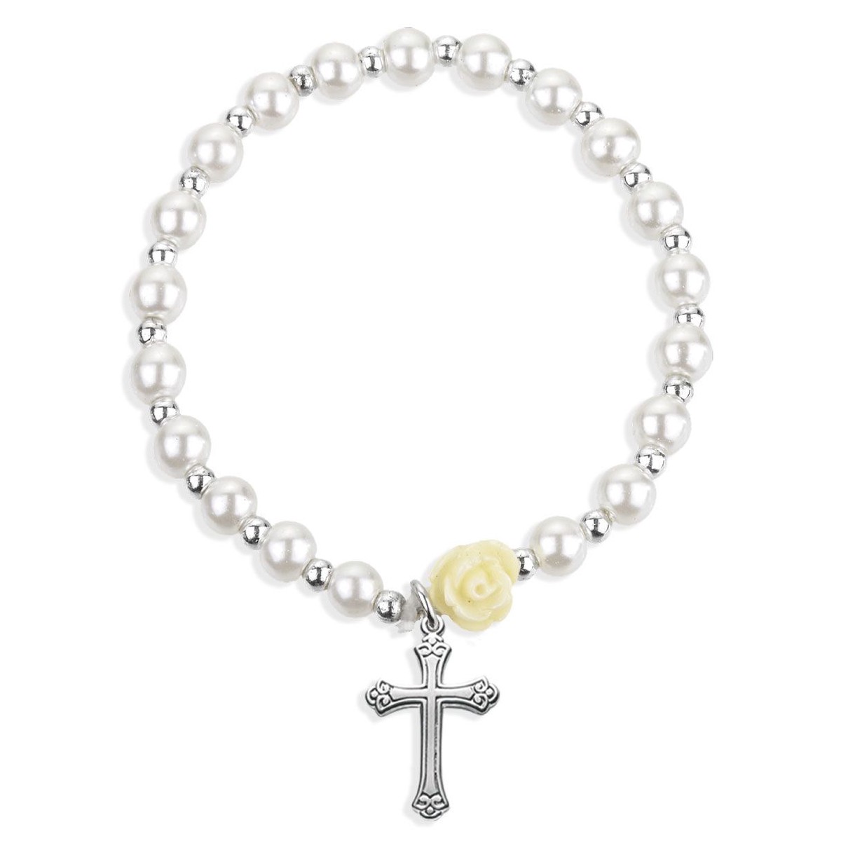 5mm White Pearl Bracelet with an off White Our Father Bead and a Beveled Cross