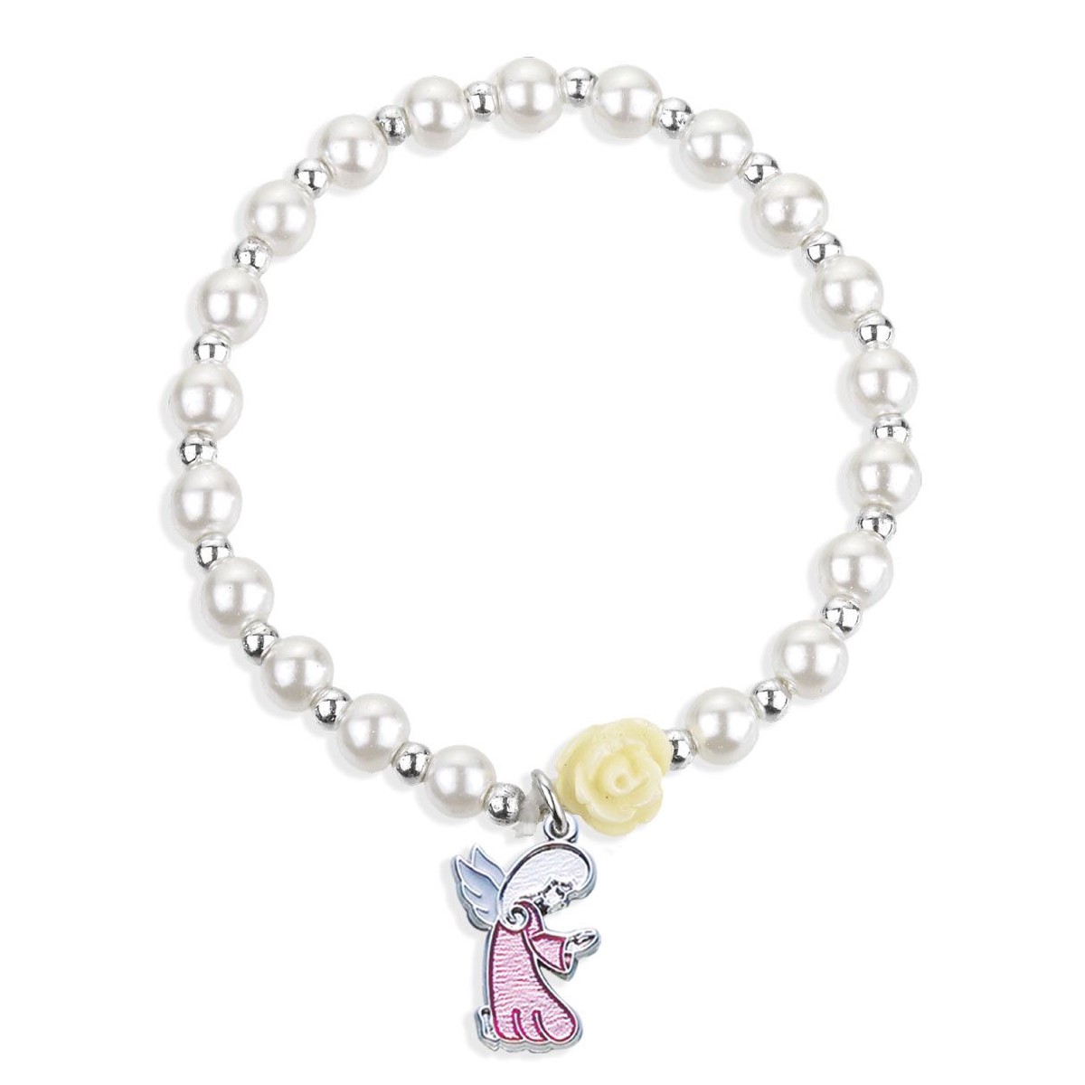 5mm White Pearl Bracelet with an off White Our Father Bead and a Guardian Angel