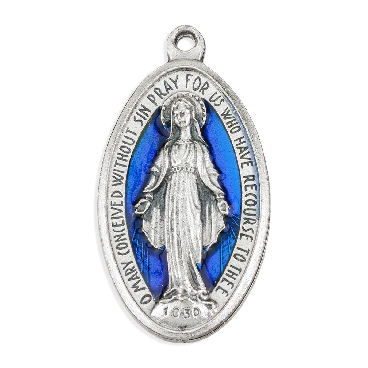 1 13/16 Miraculous Medal in Antiqued Silver Finish with Blue Epoxy