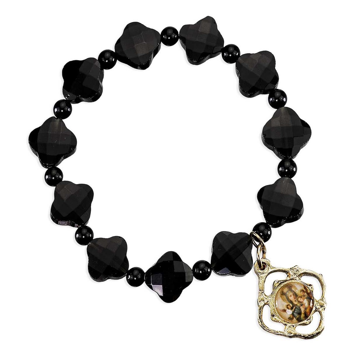 10mm Black Obsidian Gemstone Cross Beads Bracelet 7 with Our Lady of Perpetual Help Gold Plated Epoxied Medal