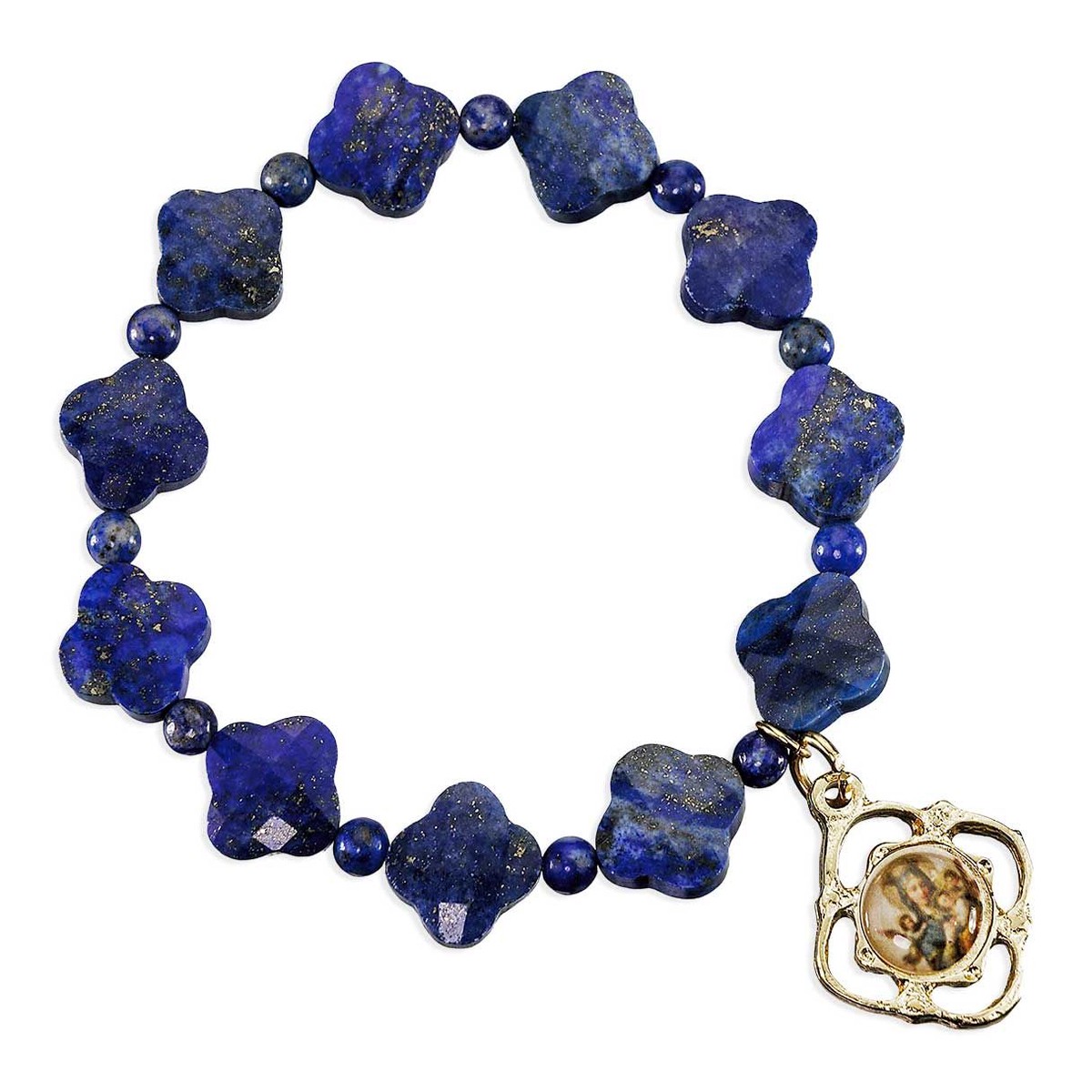 10mm Dyed Lapis Gemstone Cross Beads Bracelet 7 with Our Lady of Perpetual Help Gold Plated Epoxied Medal