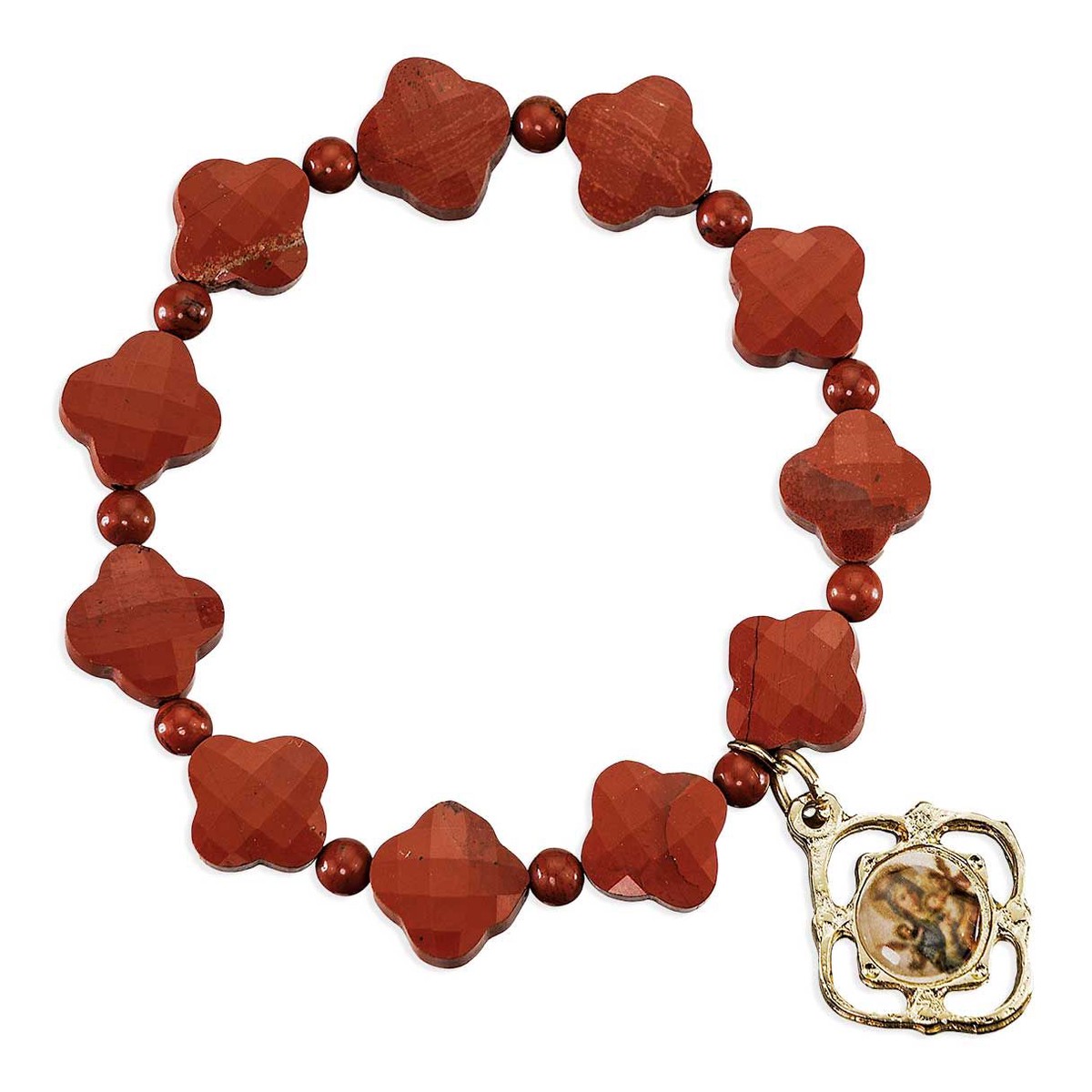 10mm Red Jasper Gemstone Cross Beads Bracelet 7 with Our Lady of Perpetual Help Gold Plated Epoxied Medal