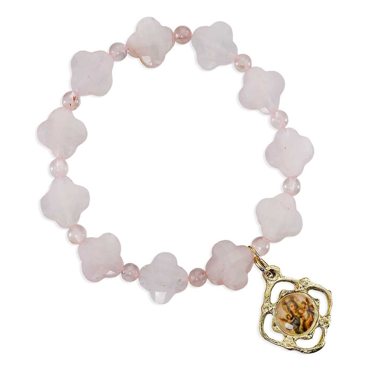 10mm Rose Quartz Gemstone Cross Beads Bracelet 7 with Our Lady of Perpetual Help Gold Plated Epoxied Medal