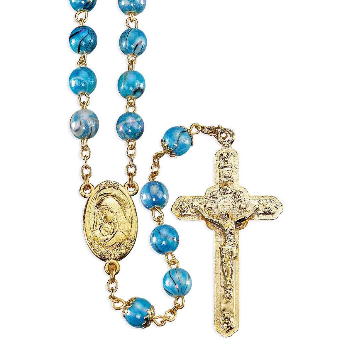 8mm Glass Swirl Design Bead Rosary in Plating with Deluxe Velvet Box