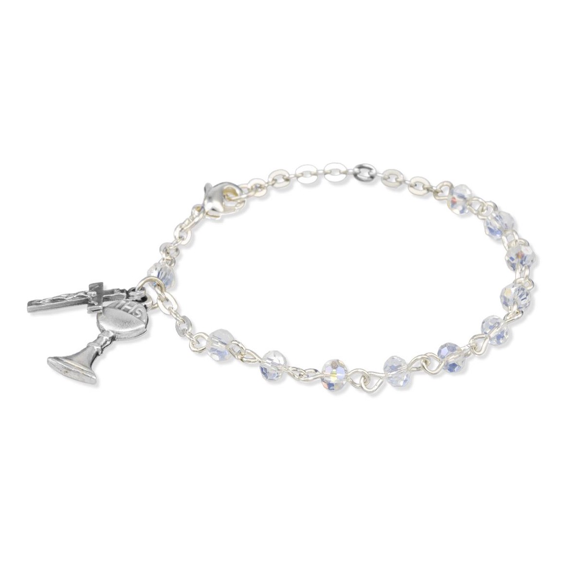 4mm 6 Crystal Aurora Bead Rosary Communion Bracelet with Silver Oxidized Crucifix and Chalice Charm.