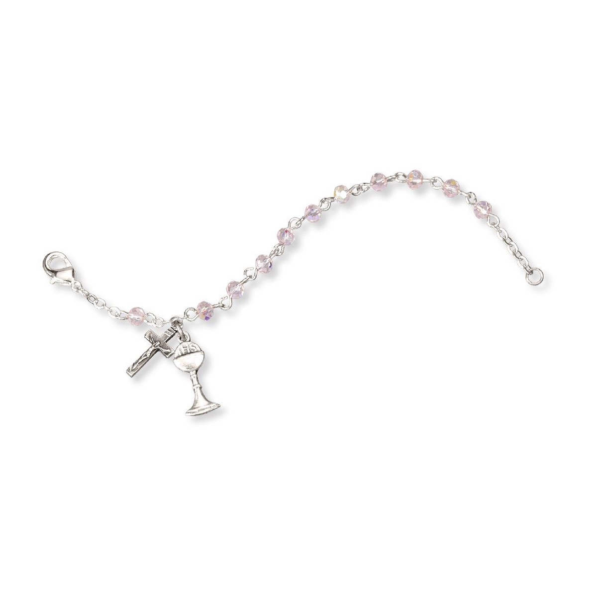 4mm Pink Crystal Bead Rosary Bracelet with Charms, Boxed.
