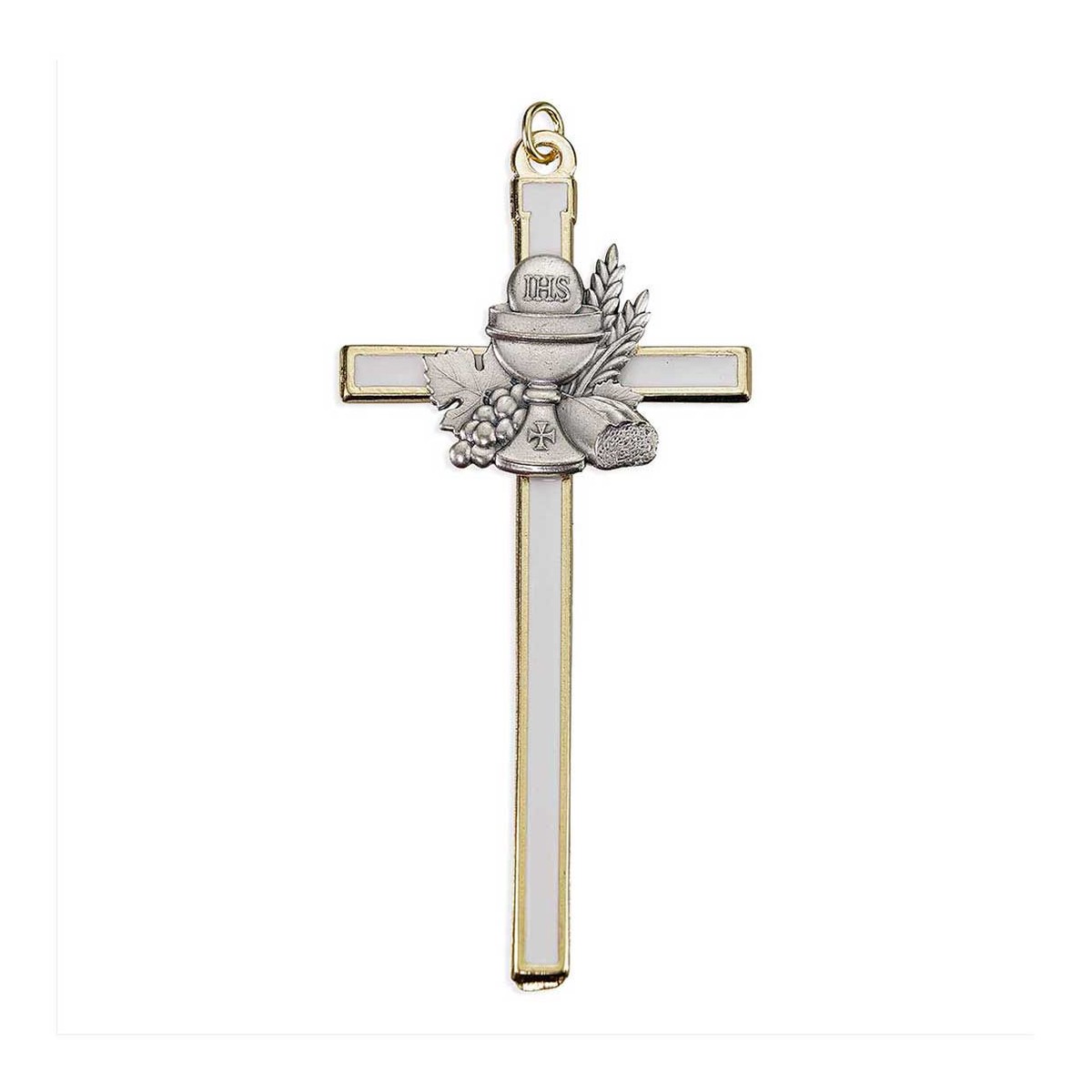 4.5 Gold Tone Pearlized White Epoxied Cross with Communion Chalice Figure in Pewter Finish with Ring (Boxed)