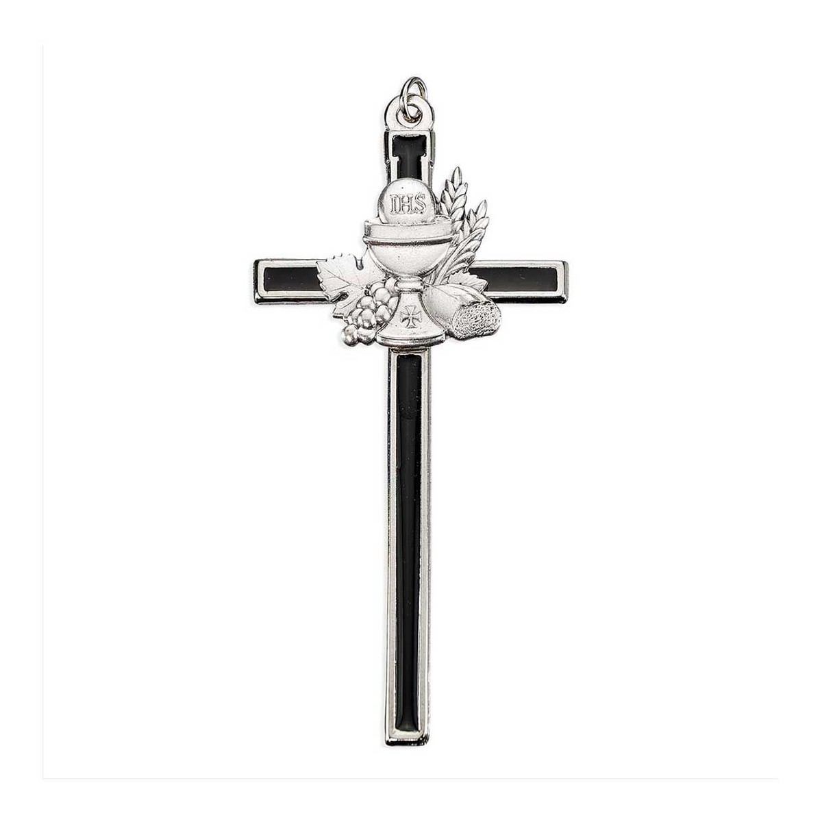 4.5 Silver Tone Black Epoxied Cross with Communion Chalice Figure in Pewter Finish with ring (Boxed)