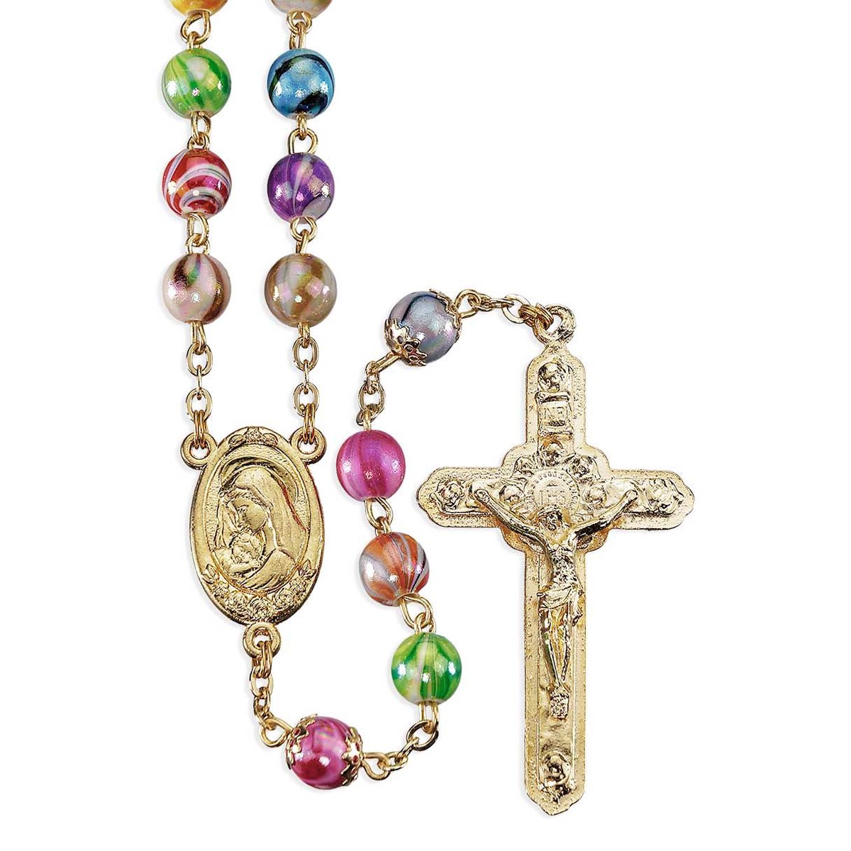 8mm Glass Swirl Design Multi-Color Bead Rosary in Gold Plating with Deluxe Velvet Box