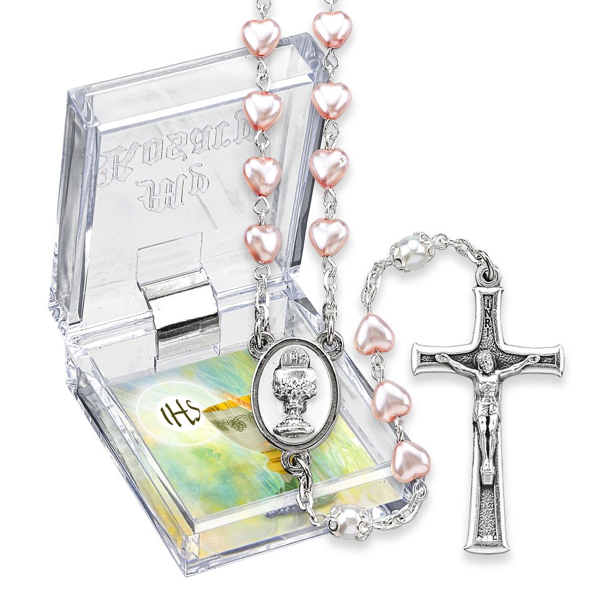 6mm Pink Pearlized Heart Shaped and White Bead Rosary with Chalice Centerpiece and Italian Crucifix, Boxed