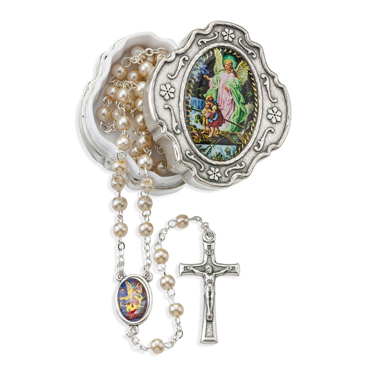 4mm White Pearlized Bead Rosary with Picture Center and Fancy Crucifix in Metal Keepsake Box