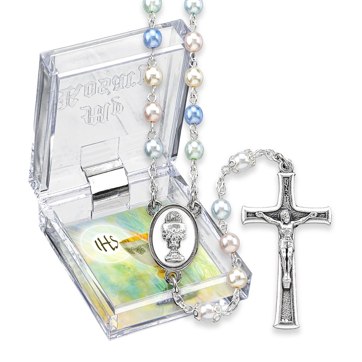 5mm Multicolor Pearlized Glass Bead Rosary with Chalice Centerpiece and Italian Crucifix, Boxed