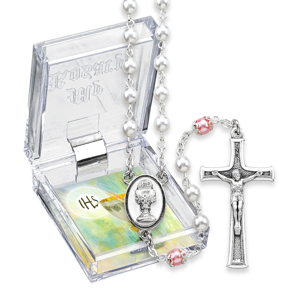 5mm White and Rose Pearlized Glass Bead Rosary with Chalice Centerpiece and Italian Crucifix, Boxed