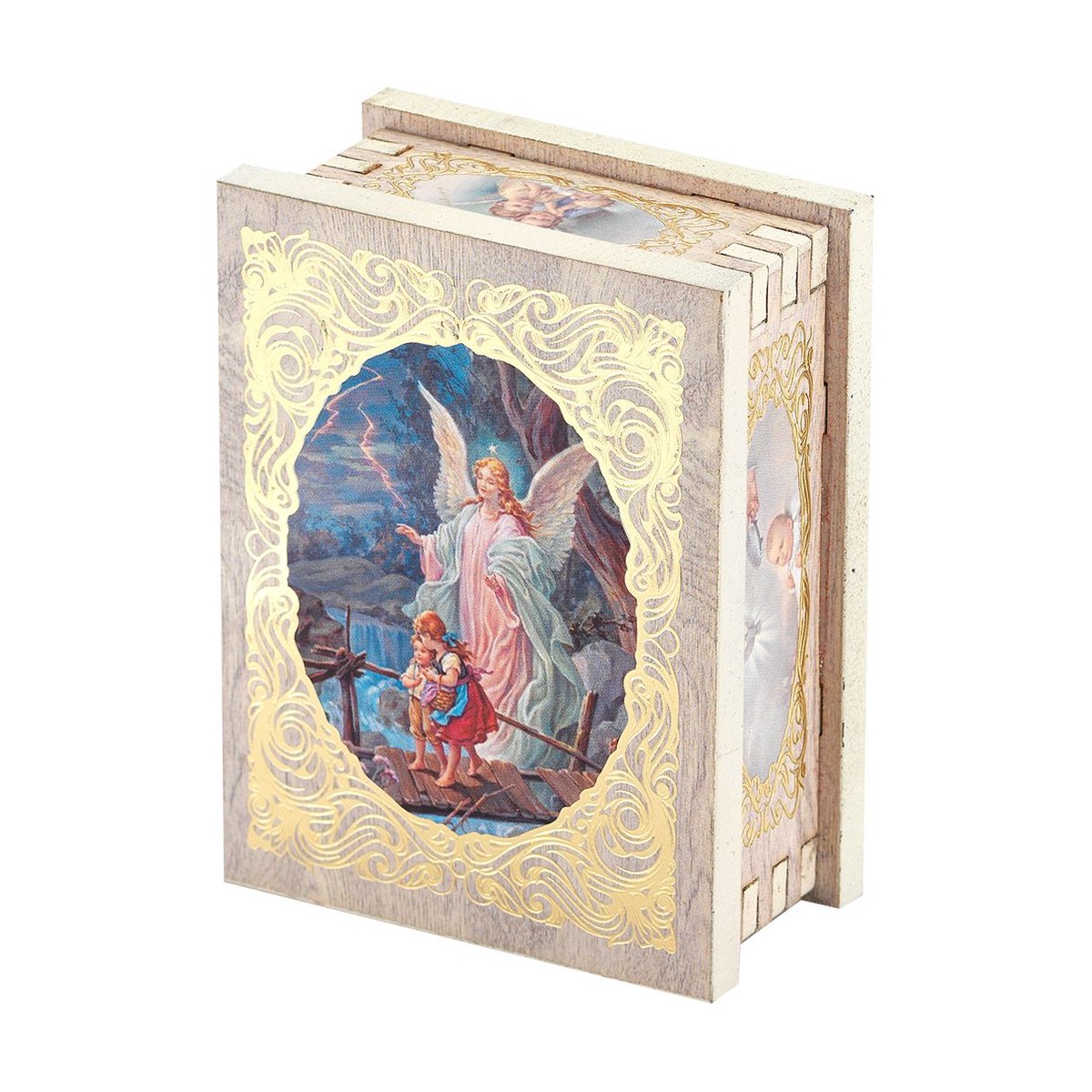 2 x 2.75 Natural Wood Guardian Angel Rectangular Rosary Box
