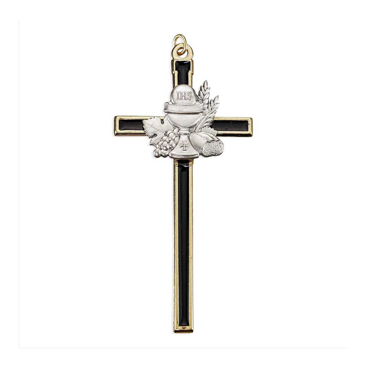 4.5 Gold Tone Black Epoxied Cross with Communion Chalice Figure in Pewter Finish with ring (Boxed)